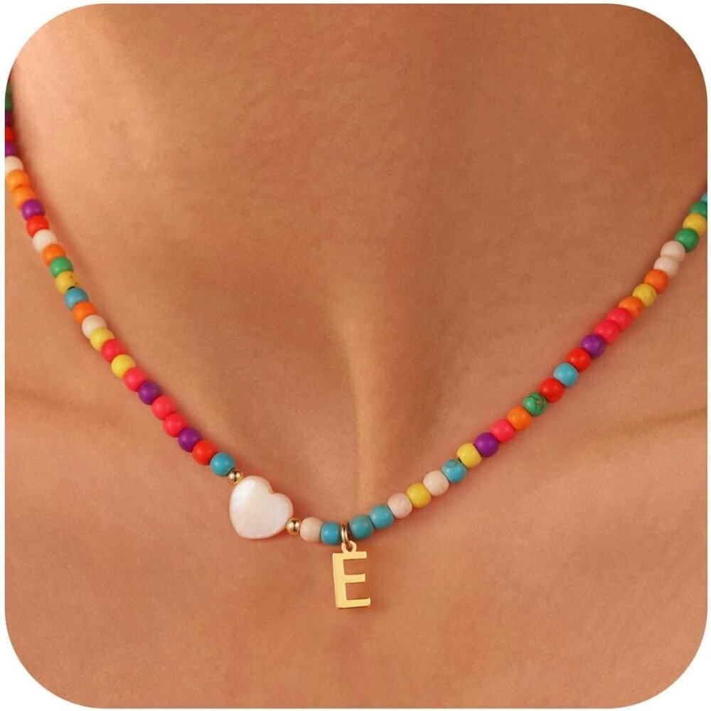 Beaded Choker Necklace Brass Personalized Initial Pendant Gift for Women Teens